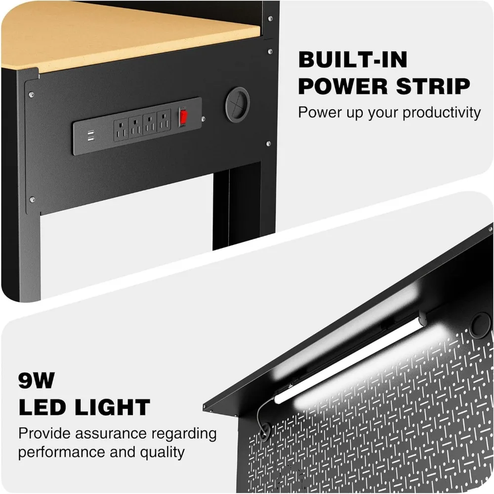 Stół warsztatowy ze schowkiem, stół warsztatowy 45 cali z pegboardem, gniazdami elektrycznymi i światłem, uniwersalna ławka robocza 800 funtów do garażu