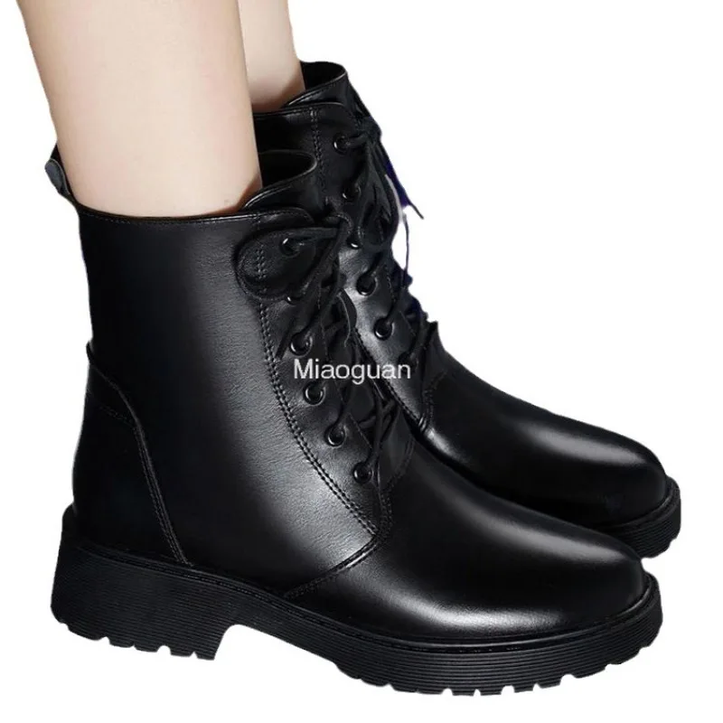 Botas de nieve informales Chelsea para mujer, zapatos tobilleros con plataforma de tacón medio de diseñador, piel cálida, cuero negro para motocicleta, invierno 2024