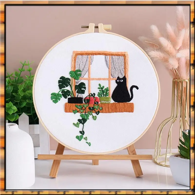 

A78K Новый 5-комплект набора для вышивания для начинающих и взрослых, набор для ручной вышивки включает в себя кот для отдыха, пяльцы, цветные нитки, тоже