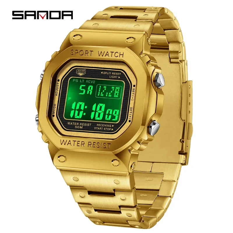 Relógio de pulso eletrônico masculino Sanda, quadrado, à prova d'água, multifuncional, luz noturna, aço preto, moda, 2162