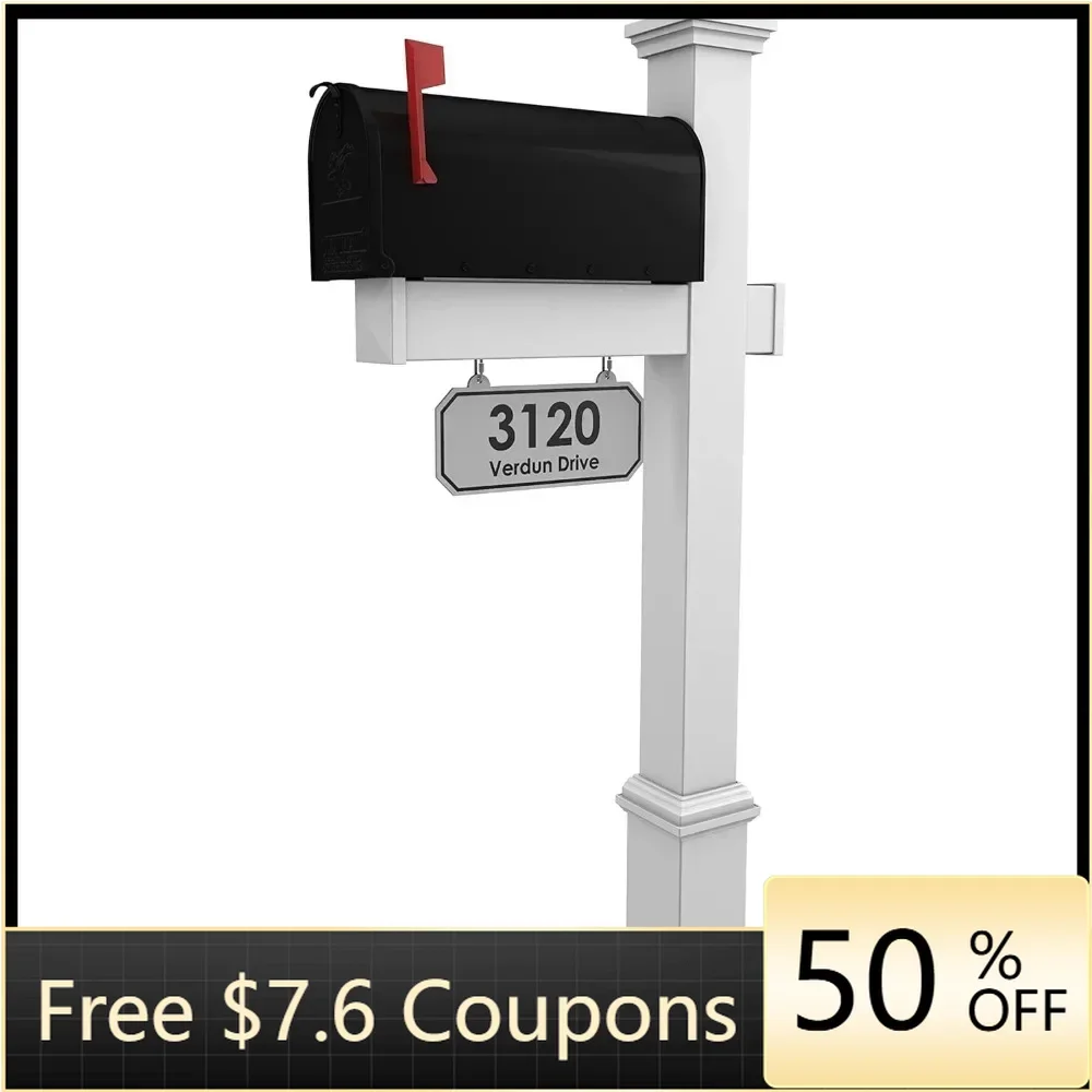 Mailbox with Post Included, Hanging Blank Address Plate, Black Metal Mailbox with White Vinyl Post Combo Complete System