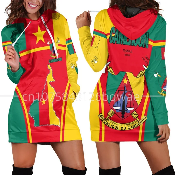 

2023 Cameroon Flag 3D Printing New Hooded Skirt Ladies Casual Long Sleeve Sweater Crew Neck Pullover Top