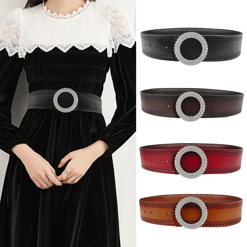 Women's genuine leather belt round buckle simple wide belt women's coat and dress decorative belt women's versatile belt