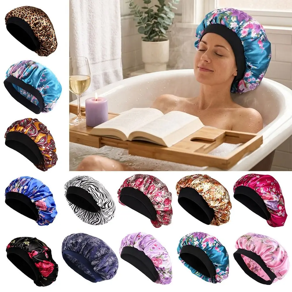 New Floral Pattern Satin Sleep Bonnet Elastic Wide Band Head Wrap Shower Caps Hair Loss Cover Islamic Turban Hat for Women & Men