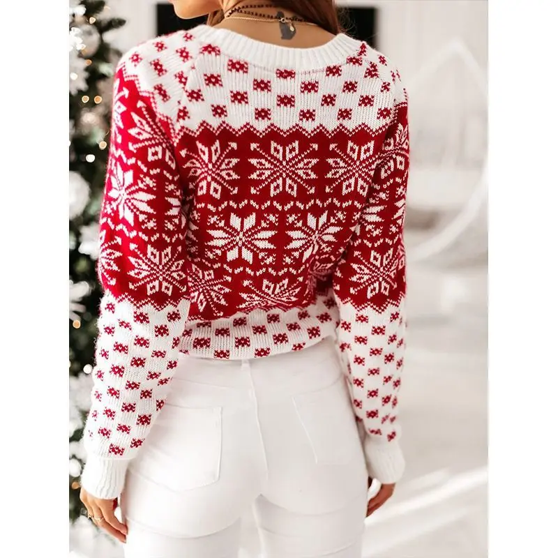 Novo estilo feminino natal floco de neve camisola inverno quente malha manga longa o pescoço topos jumper impresso casual pulôver roupas