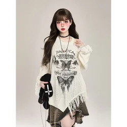 QWEEK Y2k Butterfly Sweater Gothic Goth Harajuku Coquette Loose Knitted Knit Jumpers Streetwear Long Sleeve Pullover 2024 Autumn