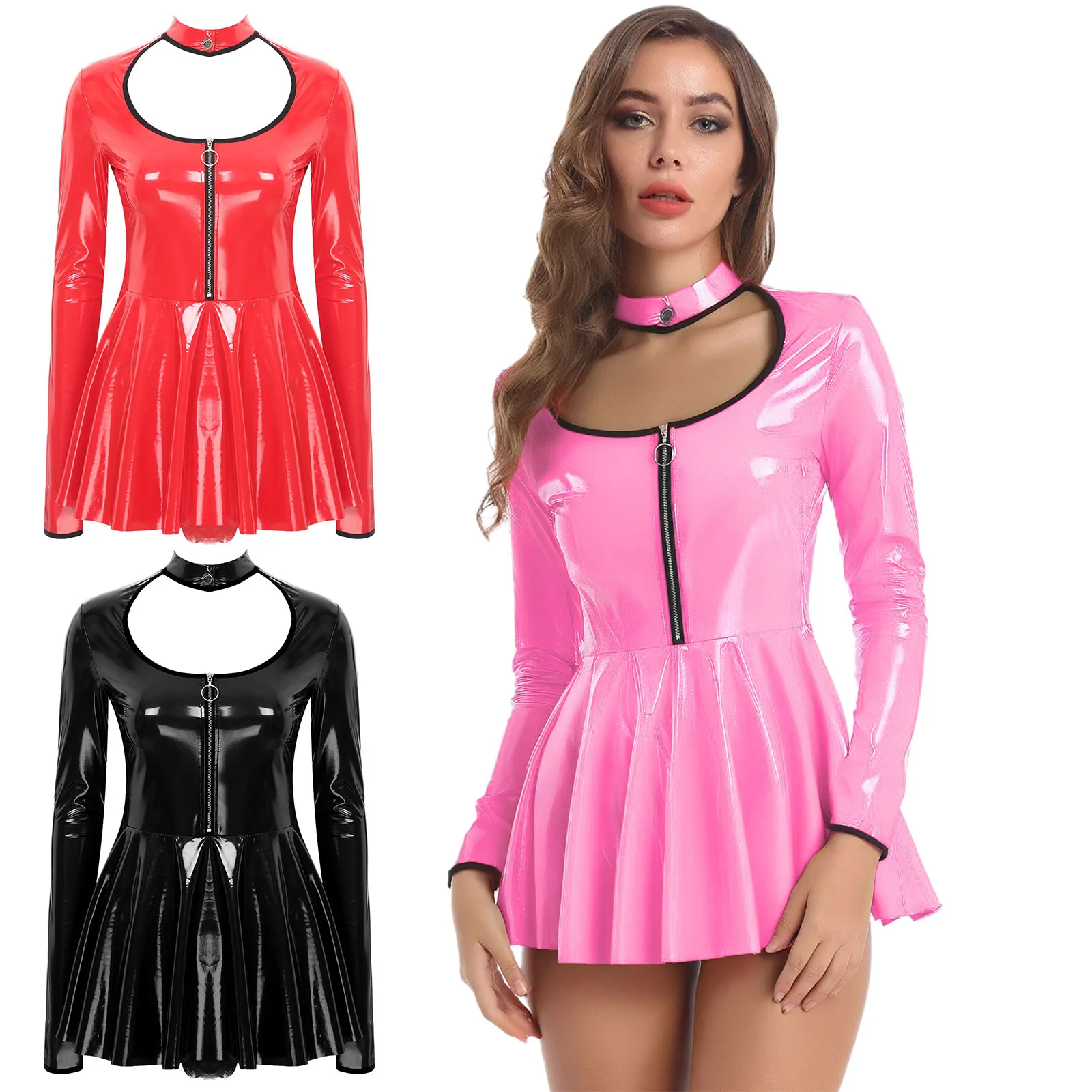 Women Glossy Wet Look Patent Leather Dress Sexy Long Sleeve Cut Out Bodysuit Dress Rave Dance Party Nightclub Club Costume