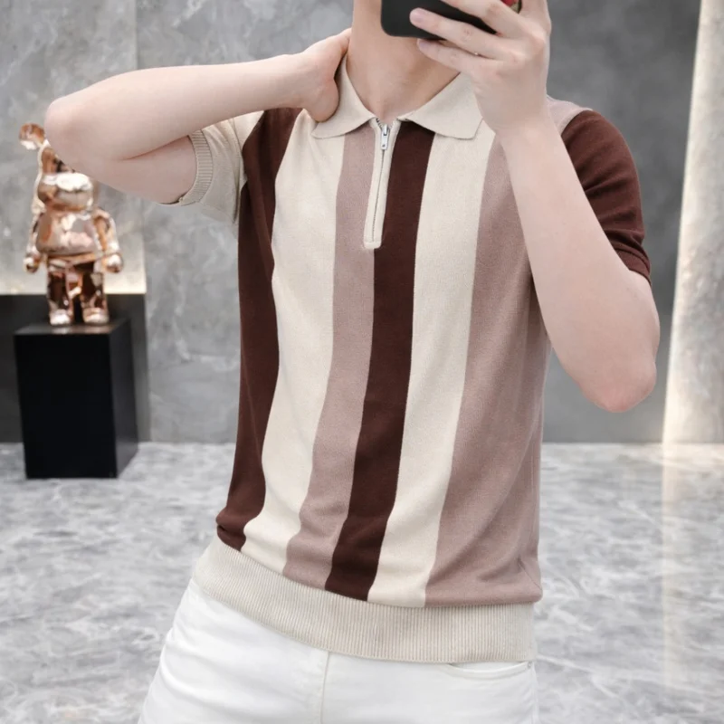 Men's 2026 New Arrival Vertical Stripe Zip Neck Polo Shirt Knitted Casual Breathable Summer Top for Daily Wear