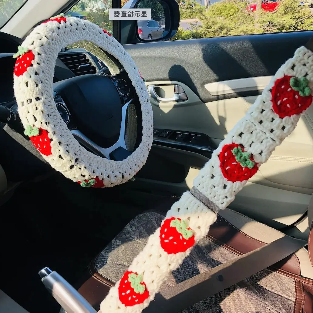 

1pc Steering Wheel Cover 2pcs Seatbelt Cover Handmade Crochet for Car Interior Decoration