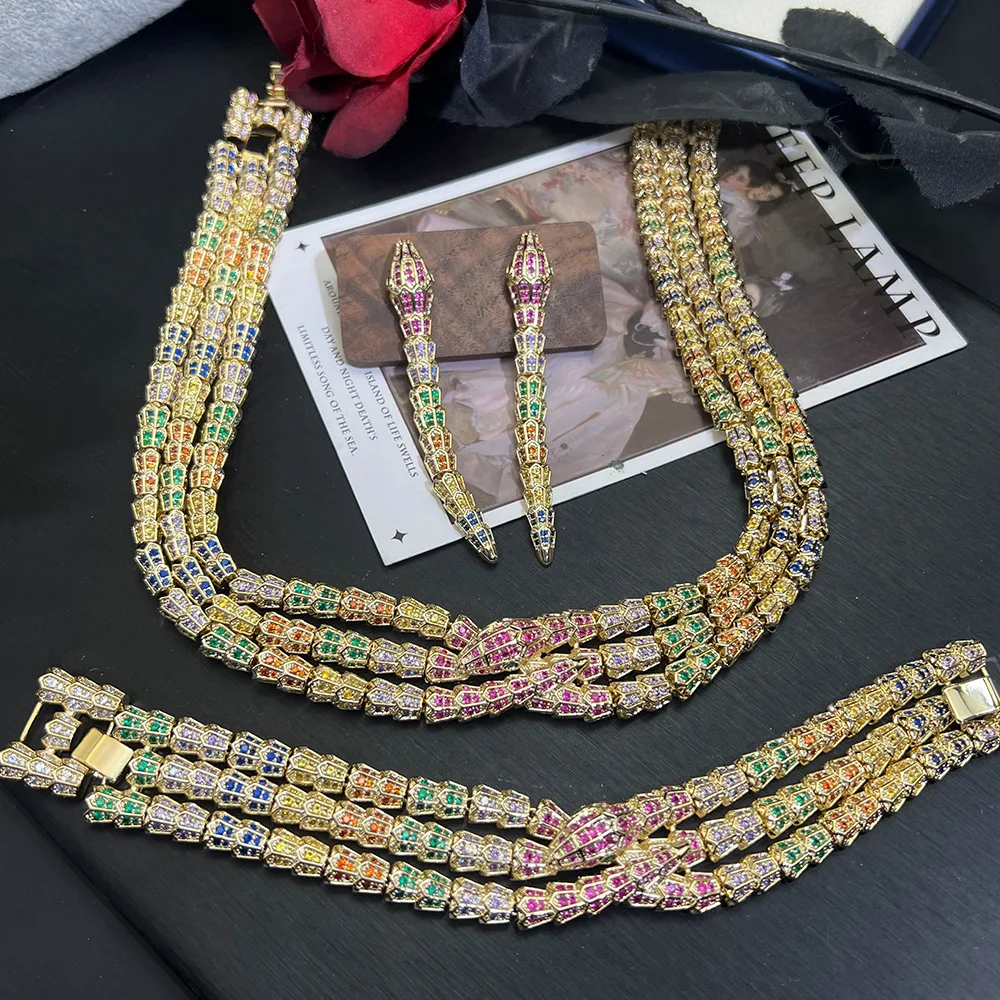 Luxury Colorful Rhinestone 18K Gold Plated 4Pcs Jewelry Set Women Necklace Earring Bracelet High-end Bridal Wedding Party Gifts