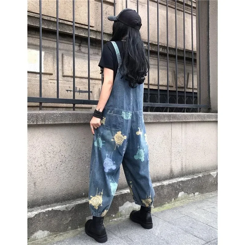 Frühling Herbst Cartoon Print Jeans Overalls Frauen Große Taschen Lose Denim Strampler Weibliche Retro Overalls Hosen
