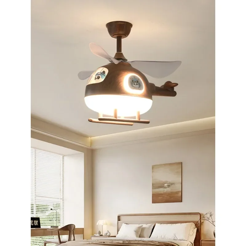 Children's aircraft chandelier boy helicopter fan light wabi sandy wind walnut wood color bear