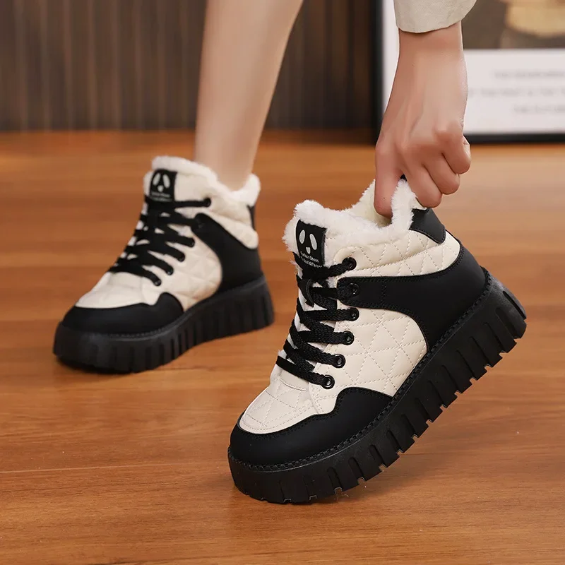 Warm Snow Boots for Women High-top Dad Sneakers 2024 Winter New Sports Shoes Student Lace Up Non Slip Plush Thick Cotton Shoes