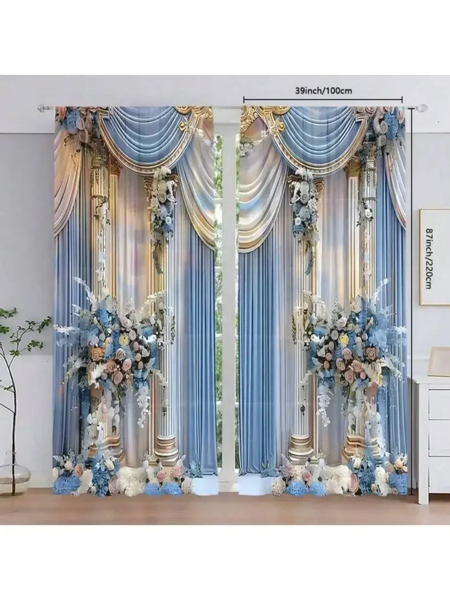 2 pieces of Light blue flower wedding printed curtains, pole bag curtains 42*84, home decoration, room decoration