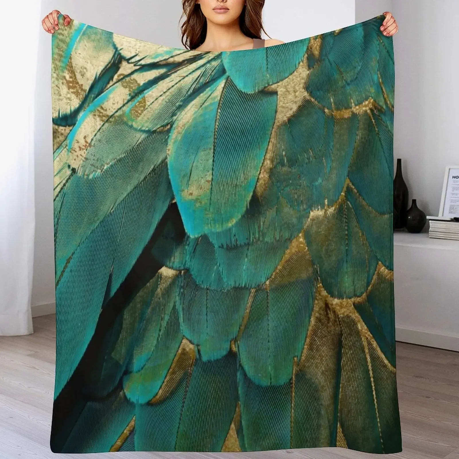Feather Glitter Teal and Gold Throw Blanket Cozy Throw Blanket for Bed Sofa Chair