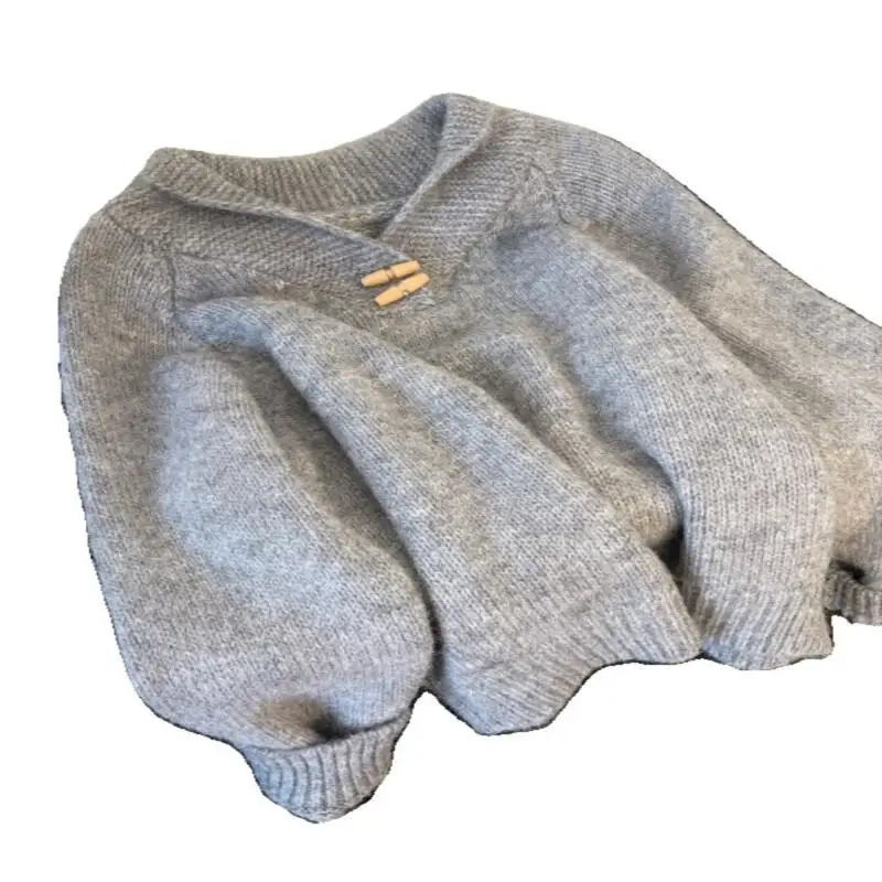 حجم كبير فتاة تريكو كسول نمط البقرة القرن مشبك رمادي التلبيب سترة للنساء في أوائل الربيع راجلان الأكمام المرأة سترة