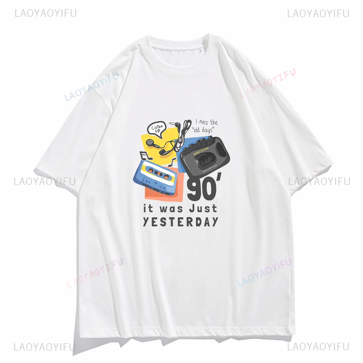 Vintage T Shirt 90s Classic Nostalgia Audio Tape Pattern Print Tops Graphic T Shirts Women Clothes Unisex Short-sleev Cotton Tee