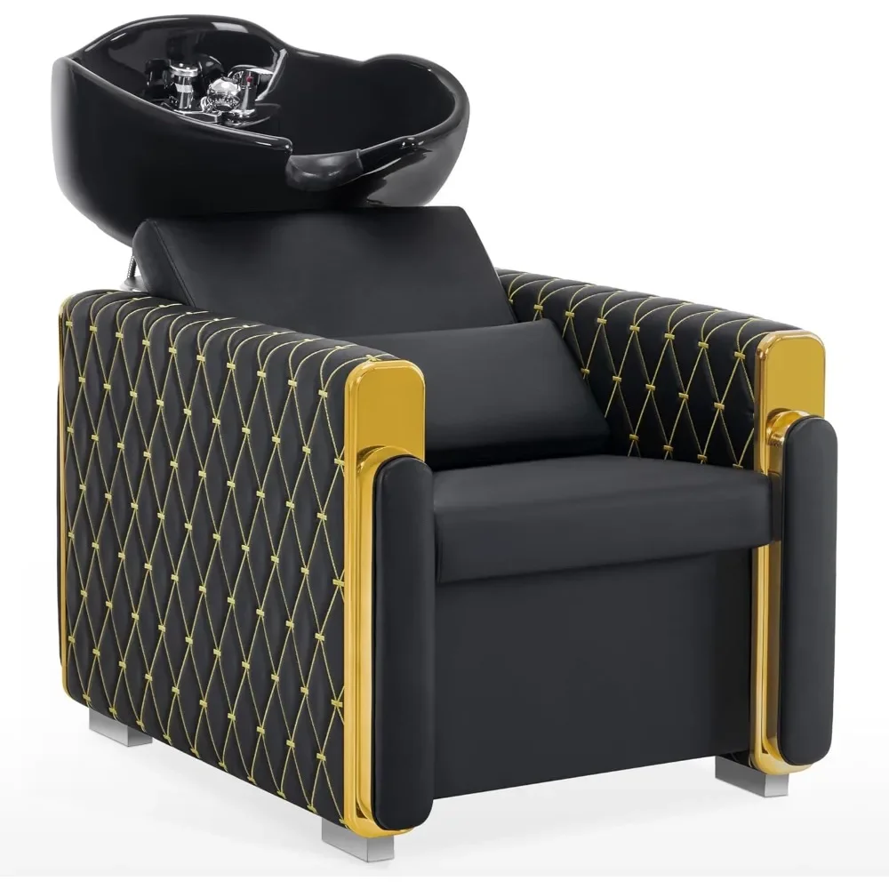 

Salon Furniture, Shampoo Station Barber Chair, Backwash Shampoo Porcelain Ceramic Bowl Sink Unit Chair, Gold & Black Shampoo Cha