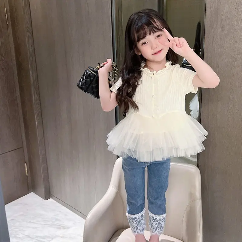 

2023 Summer T-shirts Tops O-neck Collar Single Breasted A-line Voile Cotton New Korean Sweet Fashion Casual Unique Bright Girls