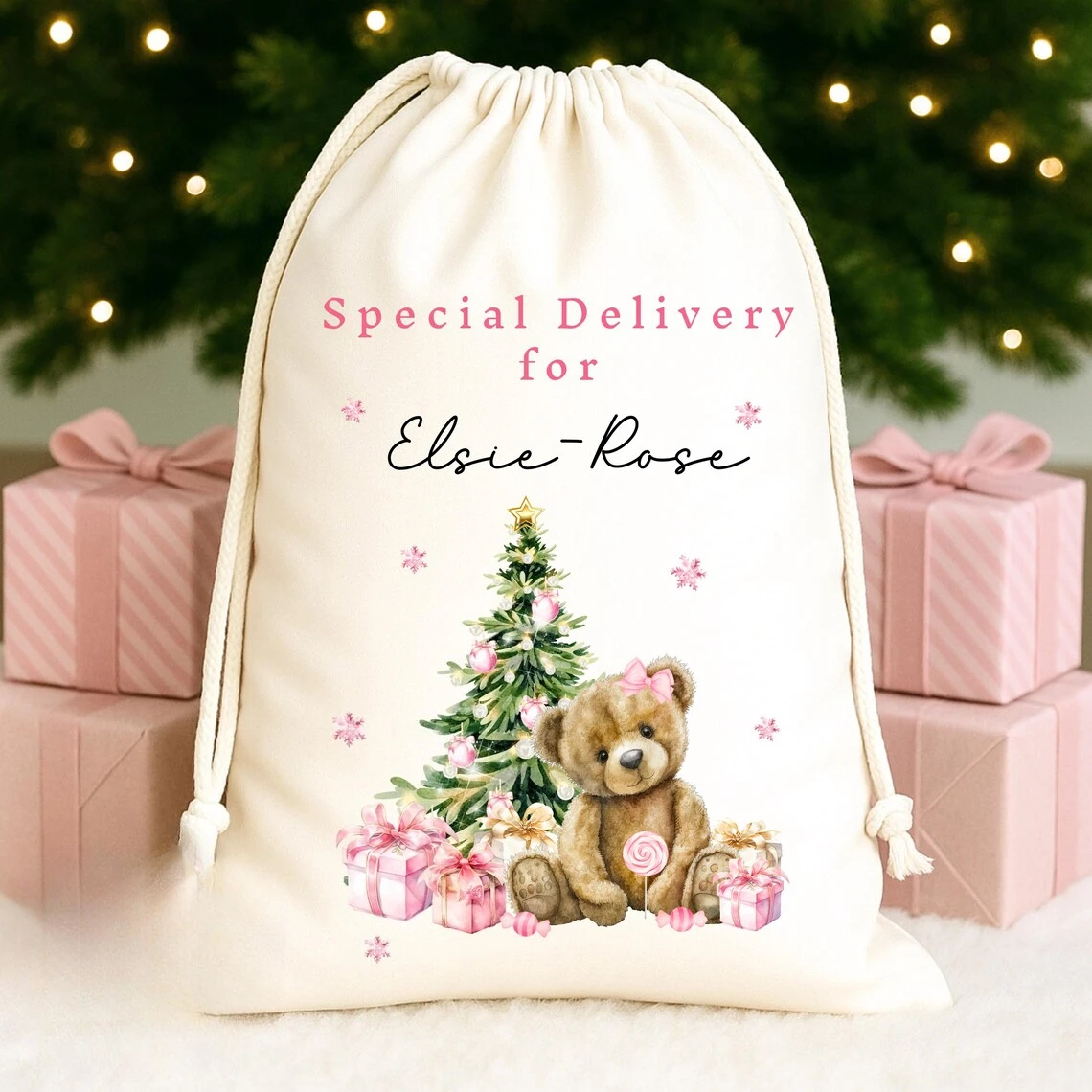 

Personalised Teddy Bear First Christmas Sack Santa Sack for Baby Girl Customised with Name & Birth Details Baby Kids Decoration