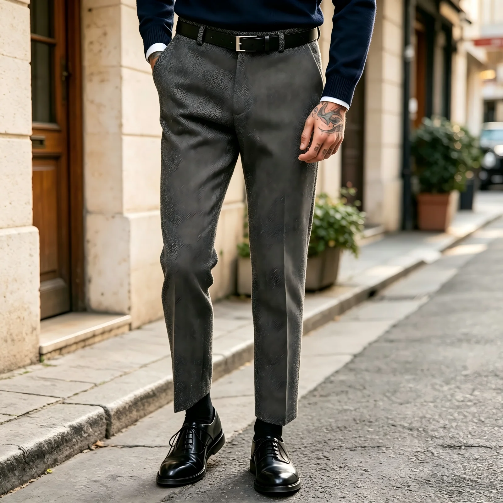 In Stock 2026 Men Grey Herringbone Tweed Suit Pants Autumn Winter Straight Leg Business Casual Woolen Trousers For Men