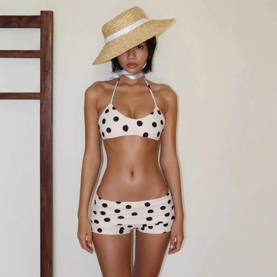 HOTEuropean and American retro beach resort hot spring polka dot hot girl shorts bikini suit hanging neck sling + solid color