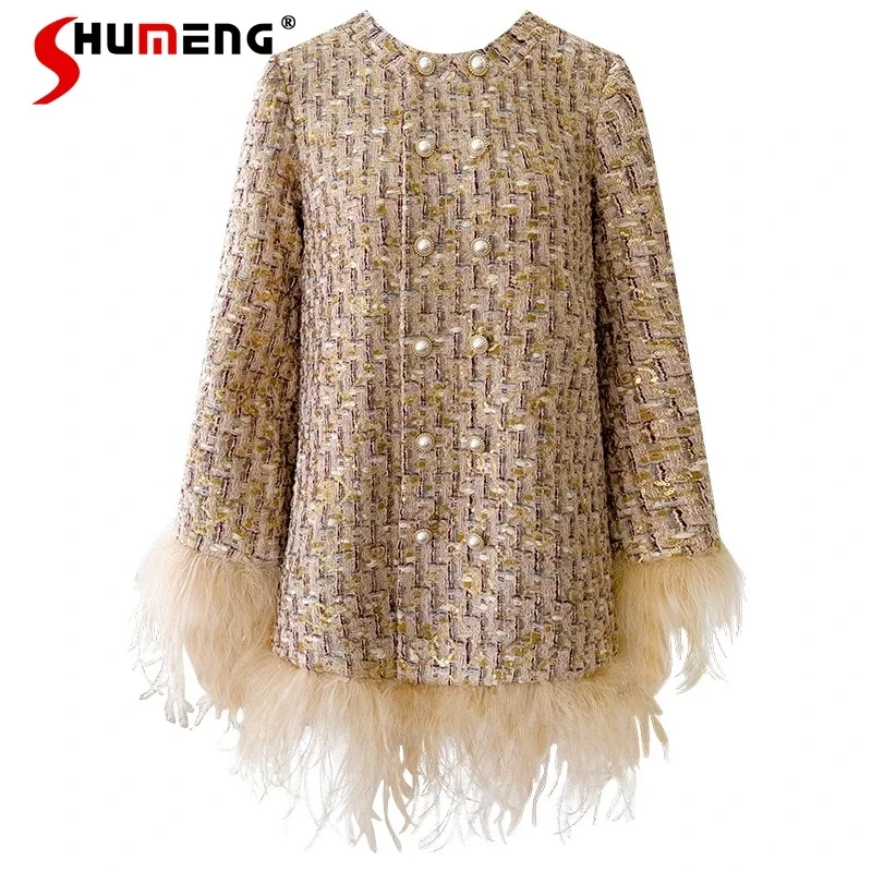 

Winter Design Sense Socialite Style Feather Patchwork Flared Sleeves A-line Sequined Woolen Coat Quilted Dress Vestidos De Mujer