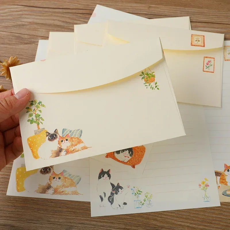 9pcs/set Kawaii Envelopes with Letter Pads Cute Cats Letter Writing Paper Wedding Party Invitation Cards Cover Korean Stationery