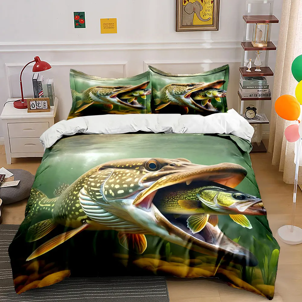Giant fish preying on smaller fish Printed Duvet Cover Set 1 Duvet Cover+2 Pillowcase Multi Size Bedroom Bedding Decoration