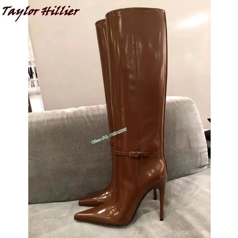 2023 Autumn Winter Cowhide Knee-High Long Boots Pointed Toe Stiletto Heels Slip-On Slim Retro Sexy Versatile High Boots For Wome