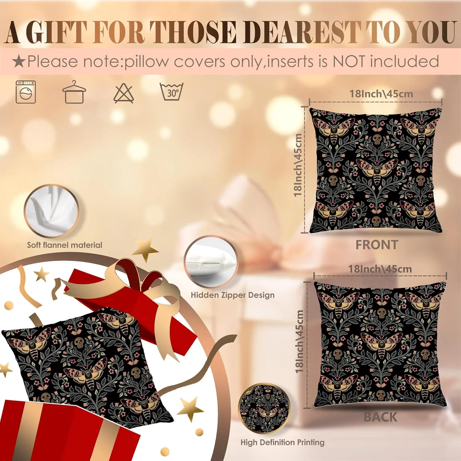Gothic Moth Butterfly Pillow Covers 18x18, Dark Academia Witchy Pillow Covers for Couch, Gothic Home Decor, Witchy Room Decor,