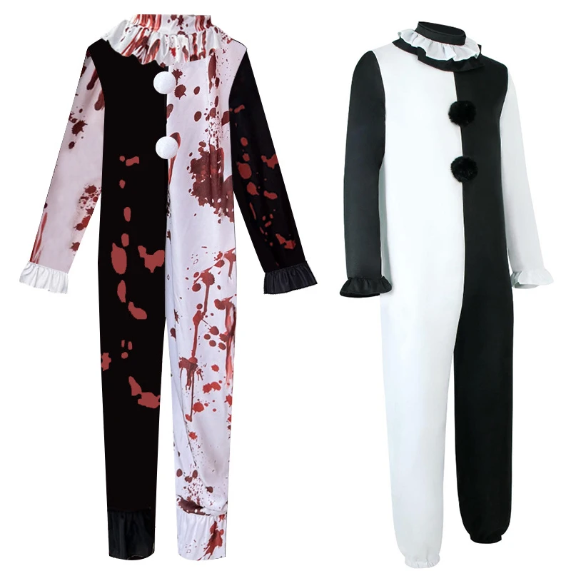 

Mens Boys Scary Clown Costume Adults Kids Halloween Cosplay Horror Movie Outfit Jumpsuit White Black Jester Clown Joker Costume
