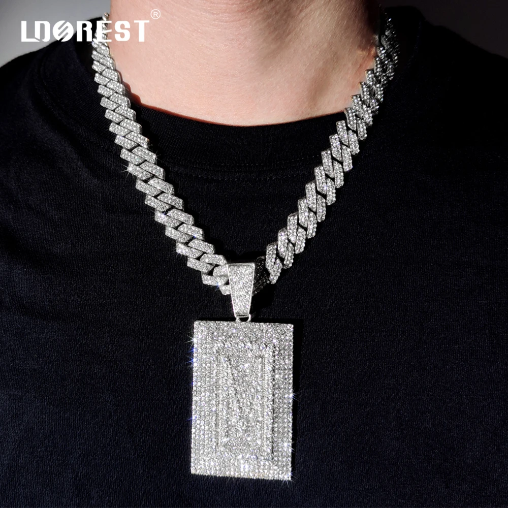 Iced Out Square Initial Pendant Necklace for Men Women 14MM Prong Cuban Link Chain Letters Necklaces Hiphop Jewelry Gift