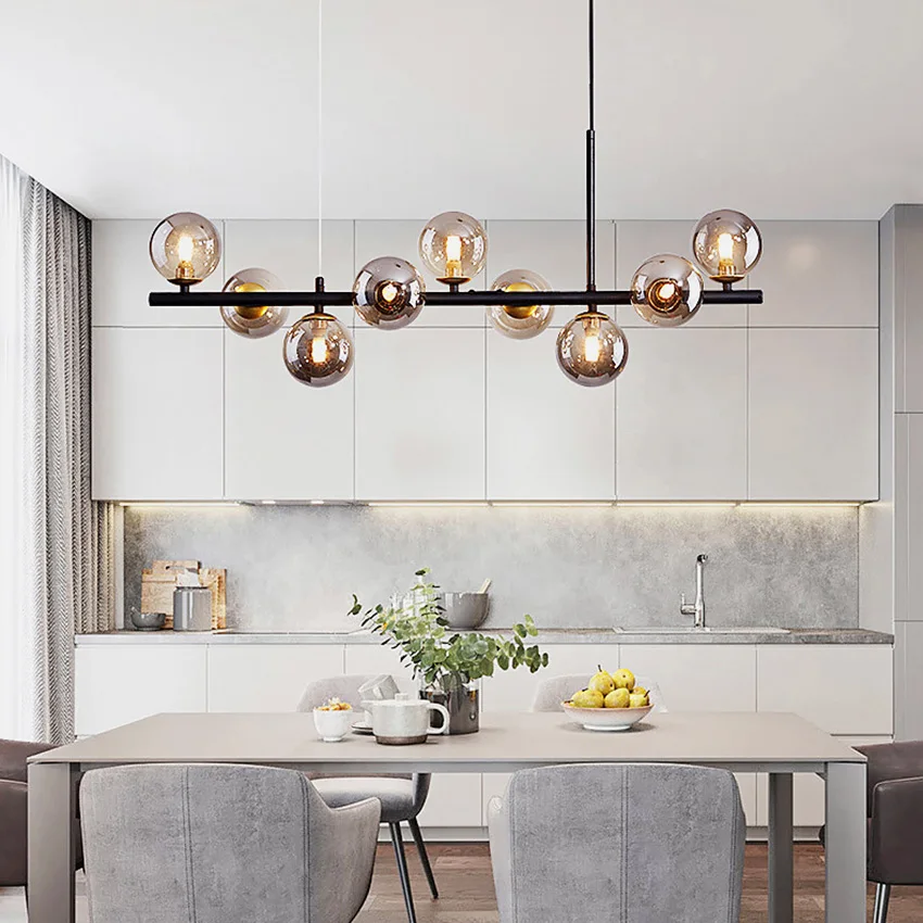 SANDYHA LED Gold Black Pendant Light Modern Glass Ball Chandelier Lighting for Dining Room and Kitchen Island Table Bar Lamp New