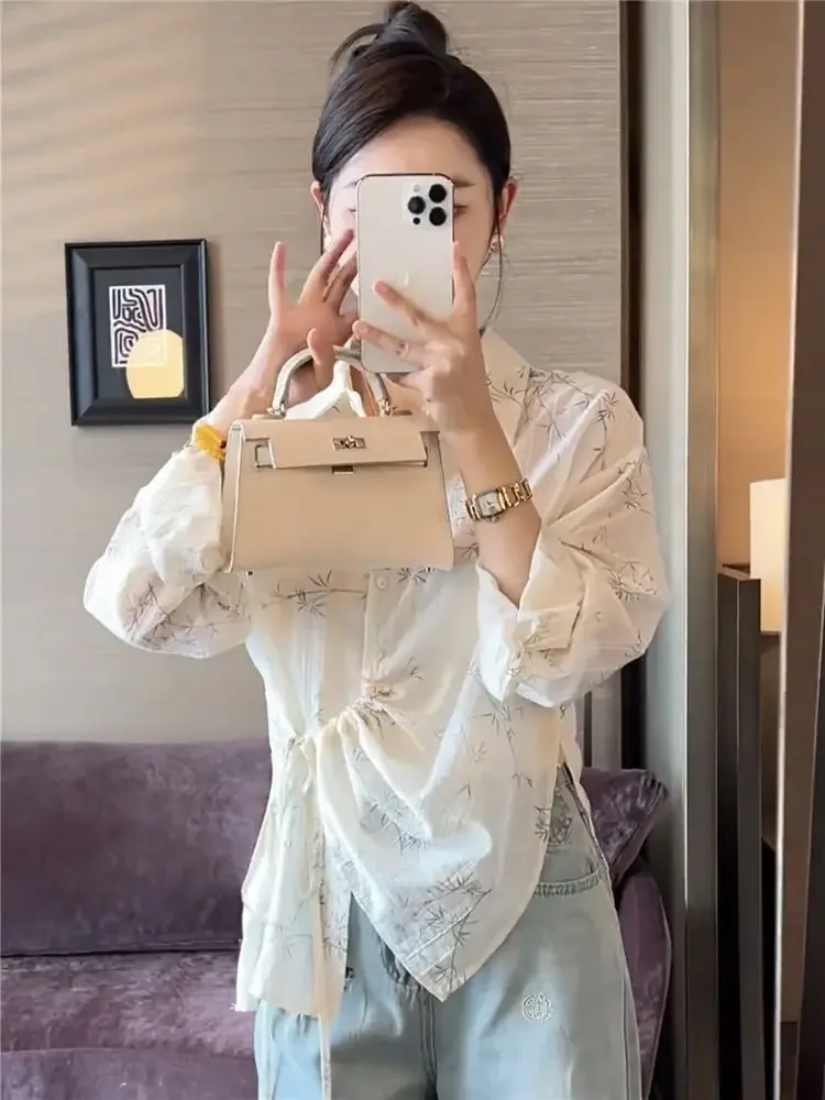 Letnia Moda Prostota Rozcięcie Sznurek Nowa Damska Niszowa Koszula Vintage Kołnierzyk Polo Zachodnictwo Nieregularny Cienki Styl Bluzki