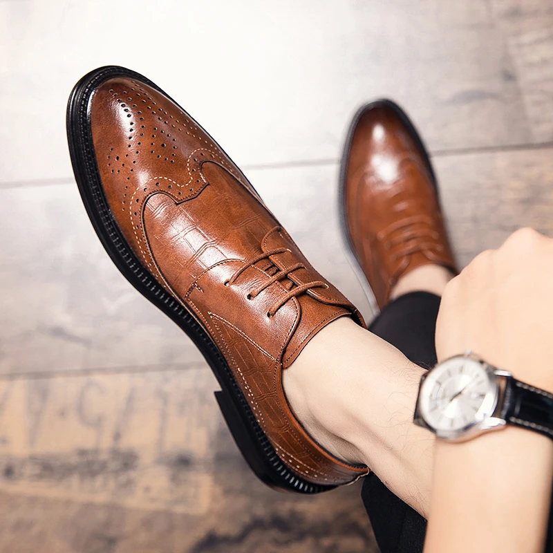 High Quality Lace Up Wedding Shoes Men‘s Dress Genuine Shoes Wine Red Burgundy Oxfords Social Gents Suit Casual Business