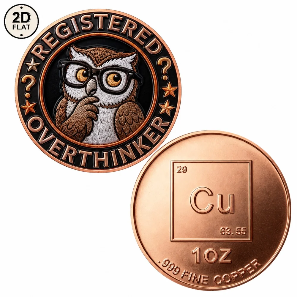 1pc Registered Overthinker Wise Owl 1OZ Pure Copper Challenge Coin Color Print Intellectual Owl Cartoon Medal Funny Art Gifts