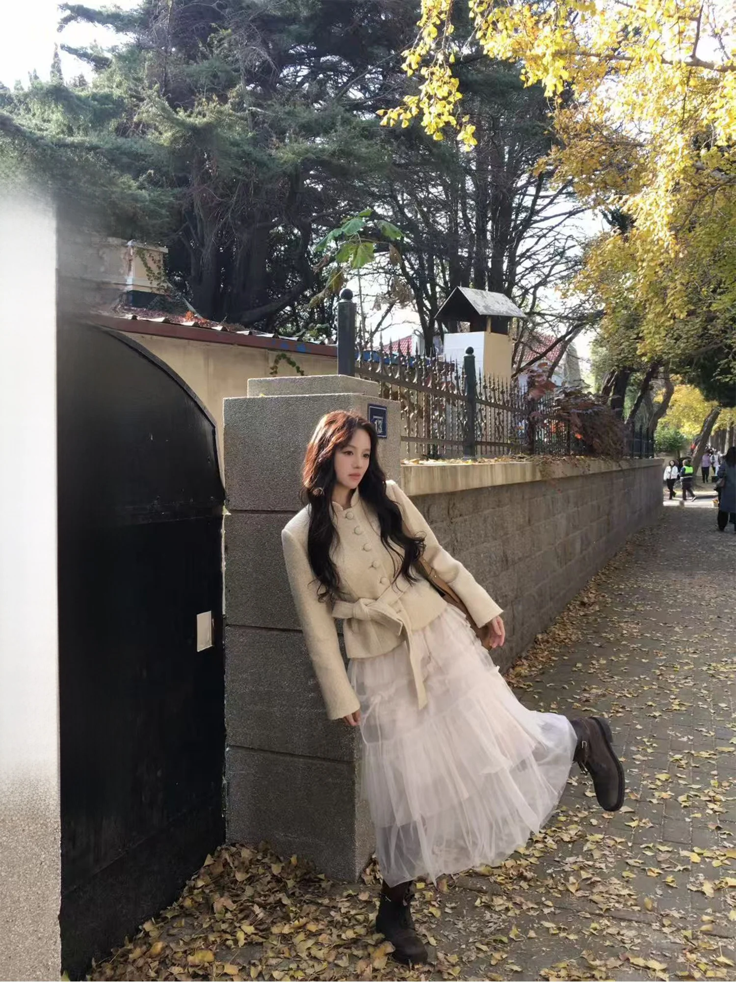 

Neurcz ort Stand Collar Woolen Jaet Women's Winter Slimming Waist Cinched Sweet Sle Top Ladies Faion Button Detail