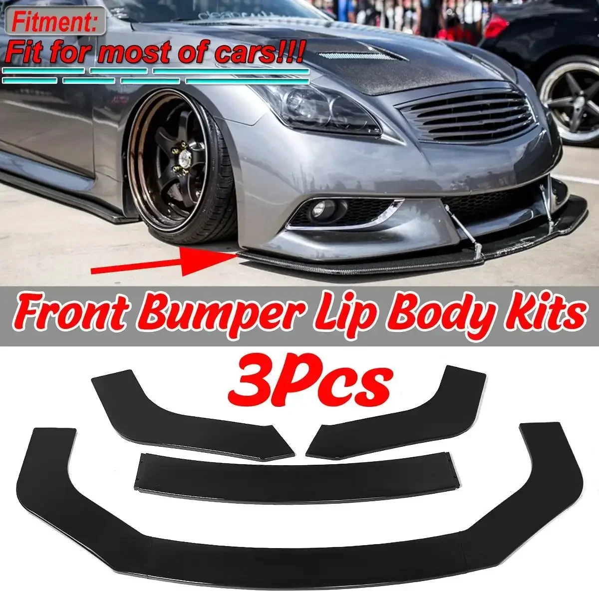 3pcs Car Universal Front Lip Bumper Splitter For Infiniti Q50 Q60 Q70 G25 G37 For AUDI A3 A4 A6 A8 Q3 Q5 Q7 RS5 RS6 RS7 Body Kit