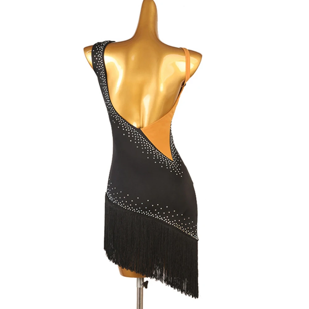Pomarańczowy kostium do tańca latynoskiego Damski frędzel Rhinestone Fioletowy Backless Tango Sukienka Bez rękawów Pasek Samba Czarny Nowa scena
