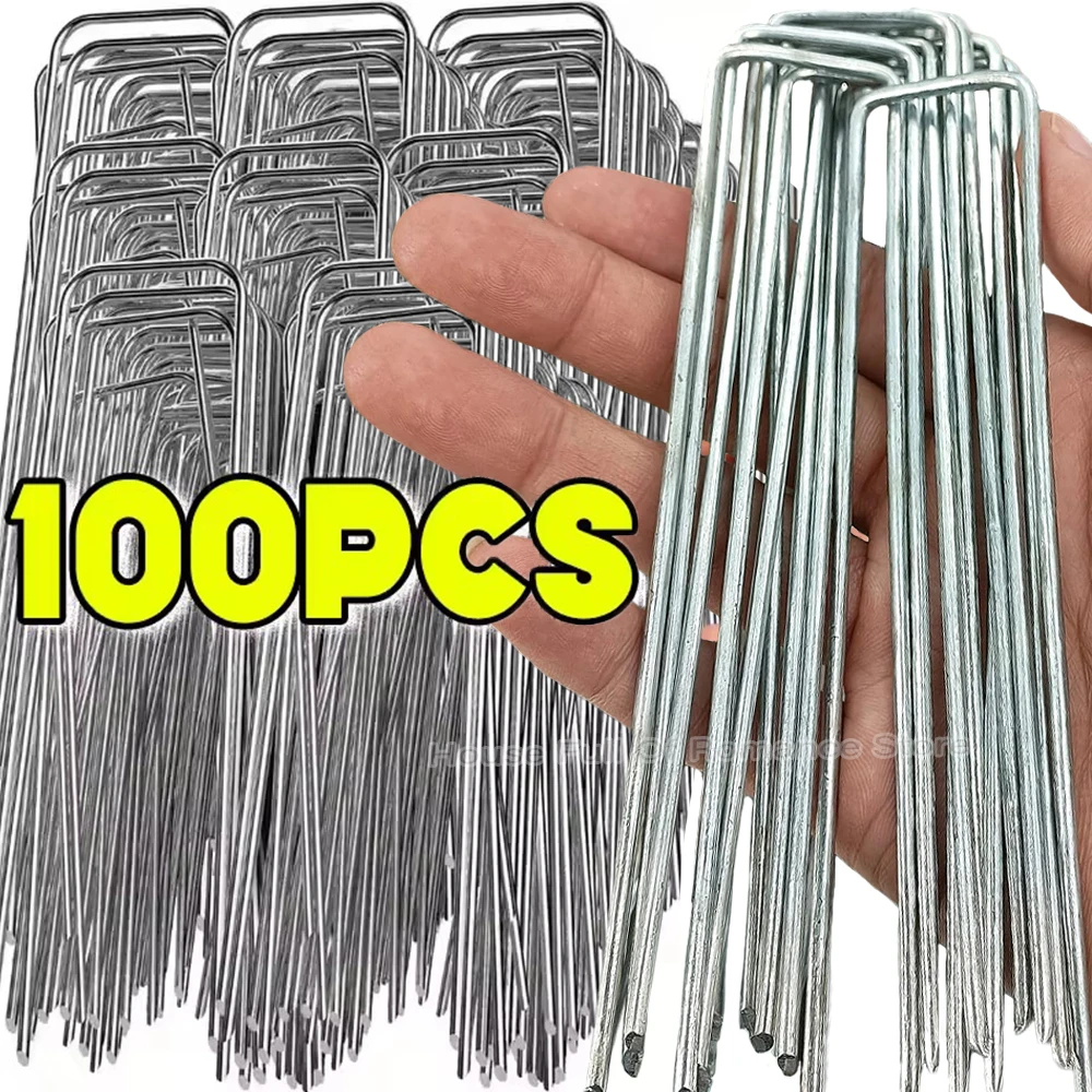U-shaped Garden Staples Heavy-duty Fence Tubing Stakes Sod Pins Galvanized Landscape Spike for Holding Lawns Barrier Ground Nail