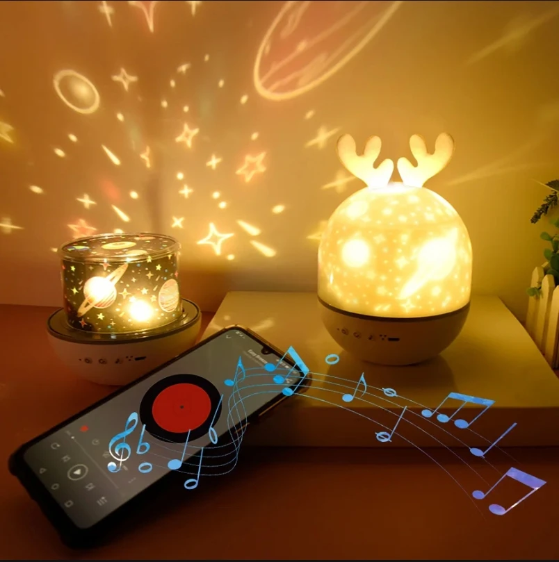 Deer Music Projector Lamp Night Light With BT Speaker Starry Sky Star Rotate Bedroom Wall Decoration Rechargeable Bedside Lamp