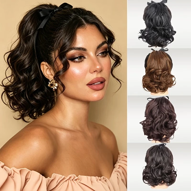 10Inch Synthetic Short Curly Wavy Ponytail Hair Extension Drawstring Clip-in Hairpiece for Women Daily Use Easy to Wear