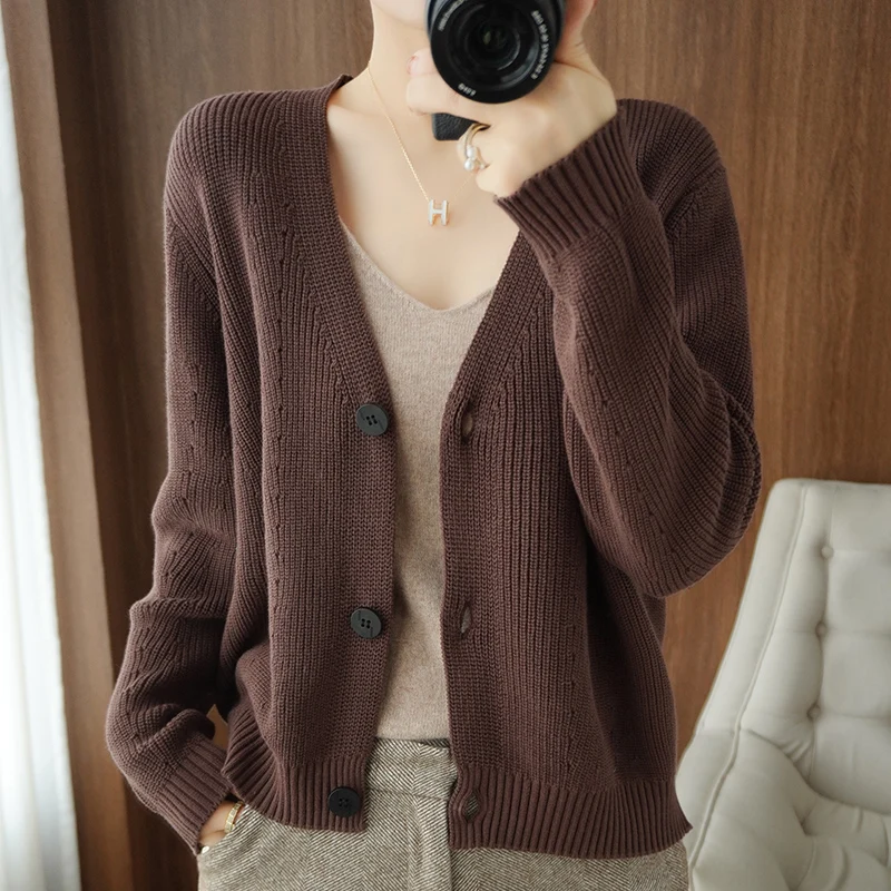 Cotton Knitted Cardigan Women\'s V-Neck Loose Short Jacket 2022 Spring Autumn New Long-Sleeved Temperament Sweater Fashion Tops