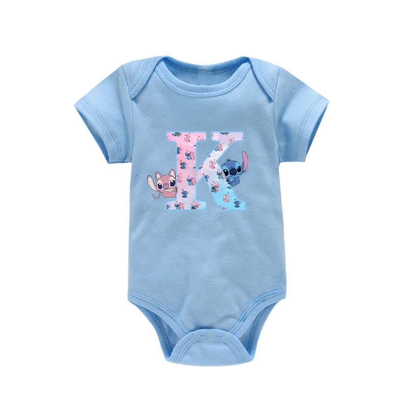 Disney Stitch Letter A-Z Baby Boy Clothes New Anime Kawaii Cute Newborn Rompers Summer Blue Bodysuits One-Pieces Jumpsuits Gift