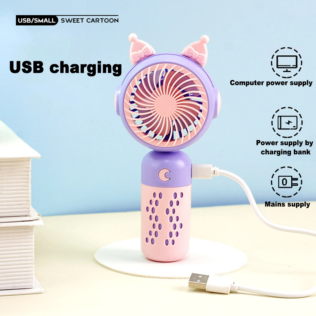 مروحة صغيرة كرتونية جديدة محمولة مع أضواء USB قابلة لإعادة الشحن وقابلة للدوران ومناسبة للفصول الدراسية والمكاتب