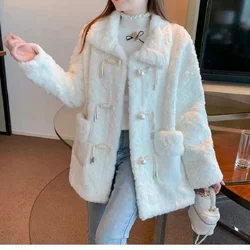 Eleganter aprikosenweißer dicker Kunstpelzmantel für Damen, lässige, mit Faux dicke Lammfelljacke, Winterdame, schicke Langarm-Oberbekleidung