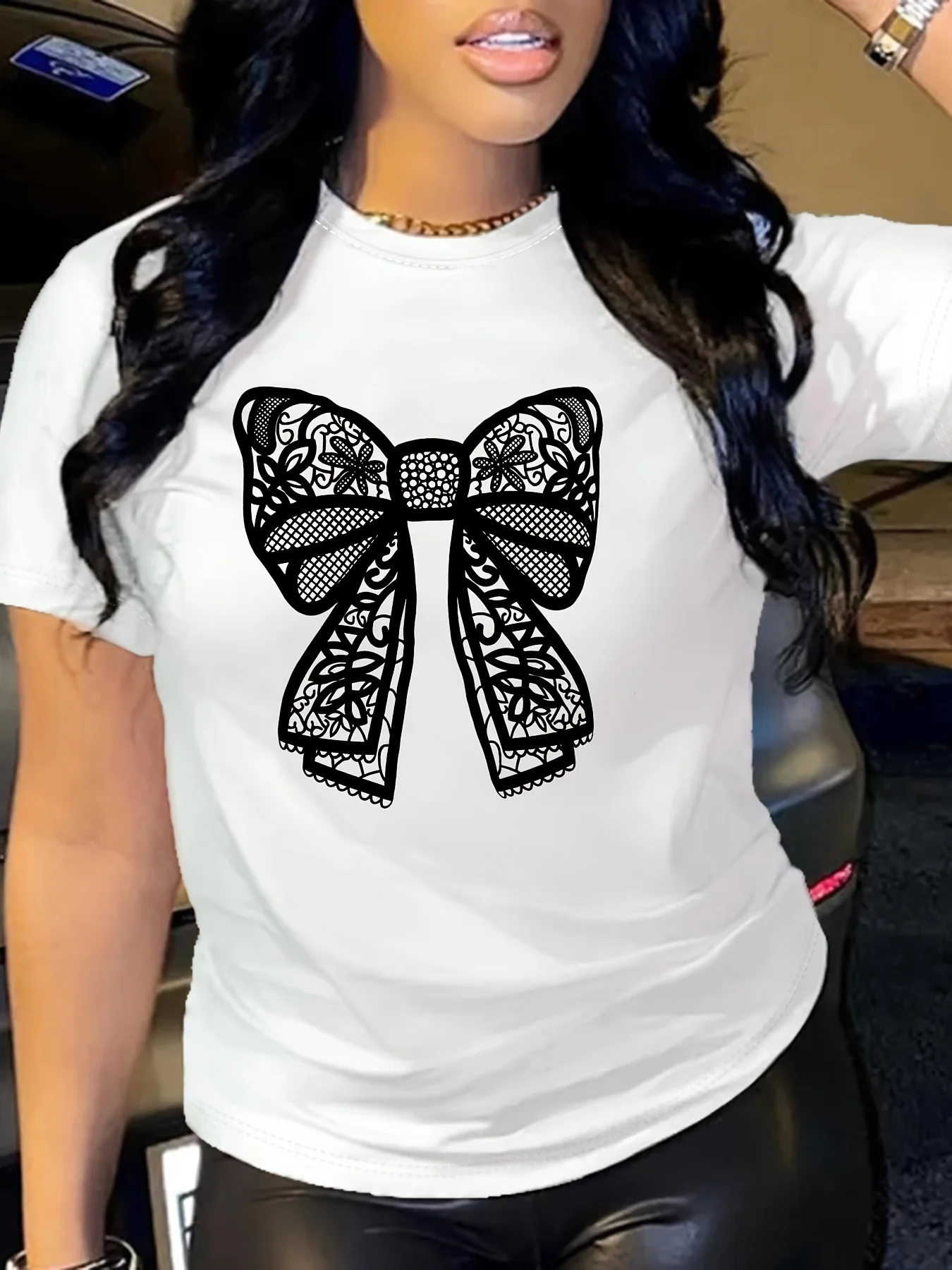 Lace Bow Print T-shirt, Short Sleeve Crew Neck Casual Top For Summer & Spring, Women's Clothing