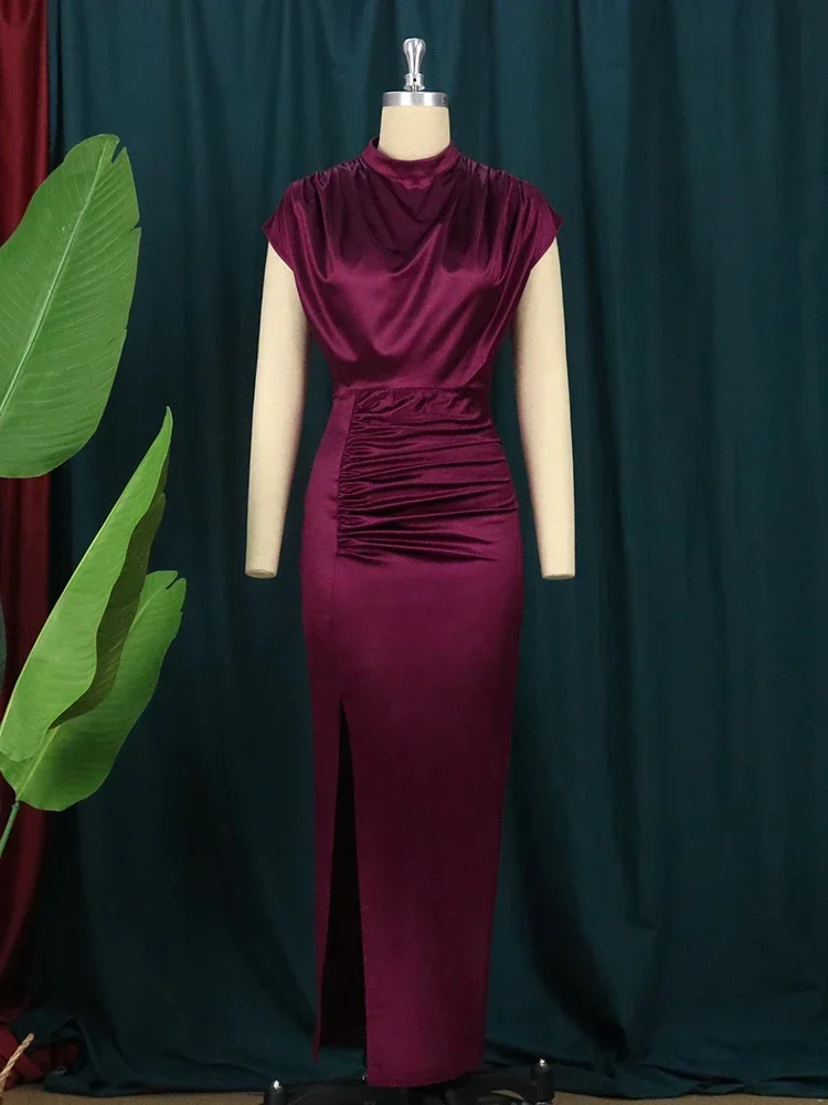 Women dress pleated long wine red elegant slit high collar slim fit sleeveless maxi robes female shiny gowns party 2024 Spring