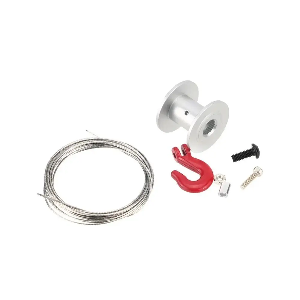 Metal RC Winch Spool Silver Red 25T Spline Gear RC Crawler Winch Steel Wire Rope Winch Drum Wheel Simulation Climbing Car